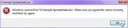 Screenshot of Excel 2007 throwing a file not found error